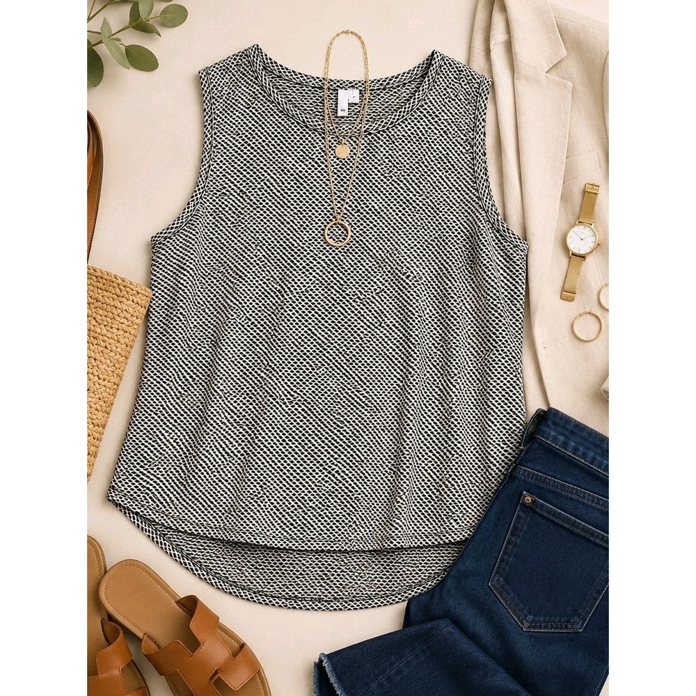 XXL Black White Textured Sleeveless Shell Top Stretch Office Minimalist Capsule